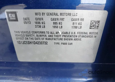 2013 Chevrolet Sonic Lt Auto from USA, damaged, VIN 1G1JC5SH1D4230732